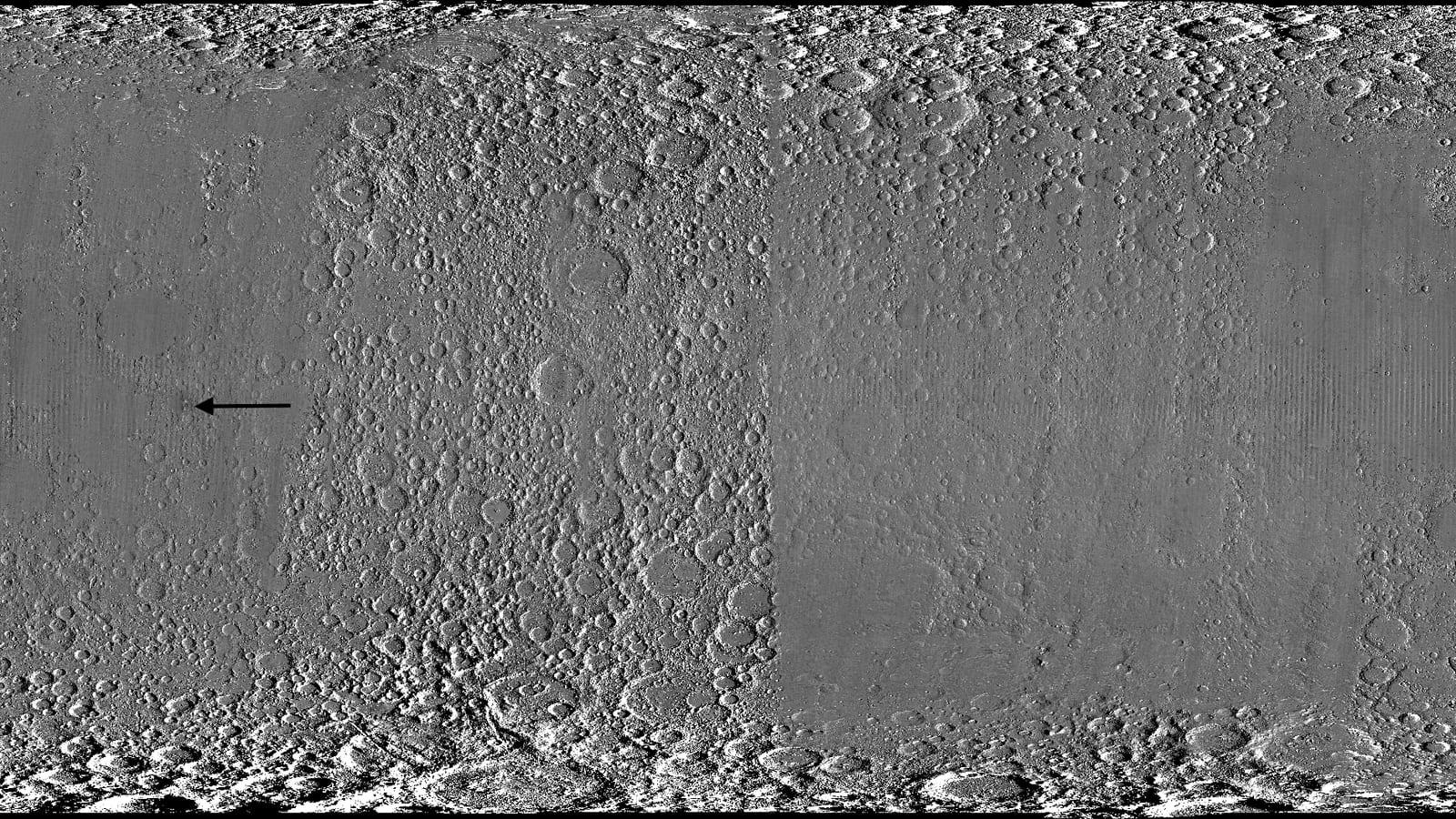 Zoomed-in view of the Moon where debris from McGetchin crater shows up as a bright spot ringed by a dark halo, marked with black arrows.
