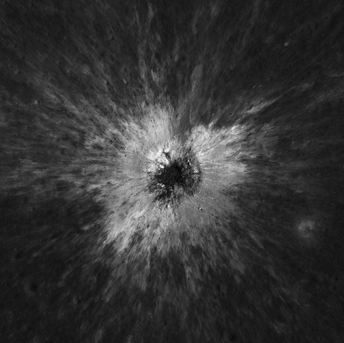 Overhead close-up of McGetchin crater taken by LRO's Narrow-Angle Camera, showing the hole and the ejecta around it.