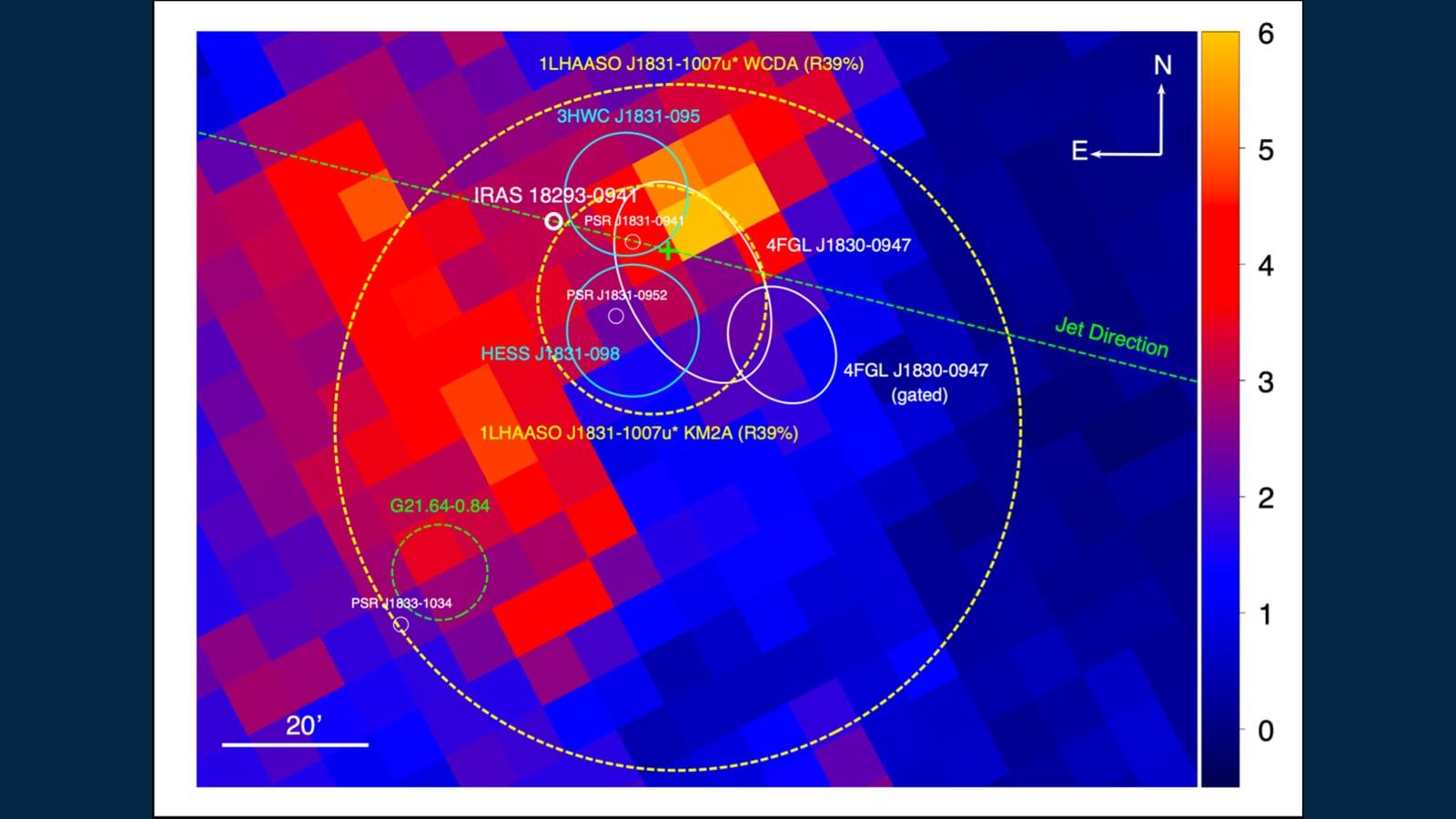 Mapa de la emisión del monóxido de carbono que muestra una vasta nube molecular, con la posición del sistema IRAS 18293-0941, el eje de su chorro y los contornos de las fuentes de rayos gamma detectadas por Fermi-LAT, H.E.S.S., HAWC y LHAASO.