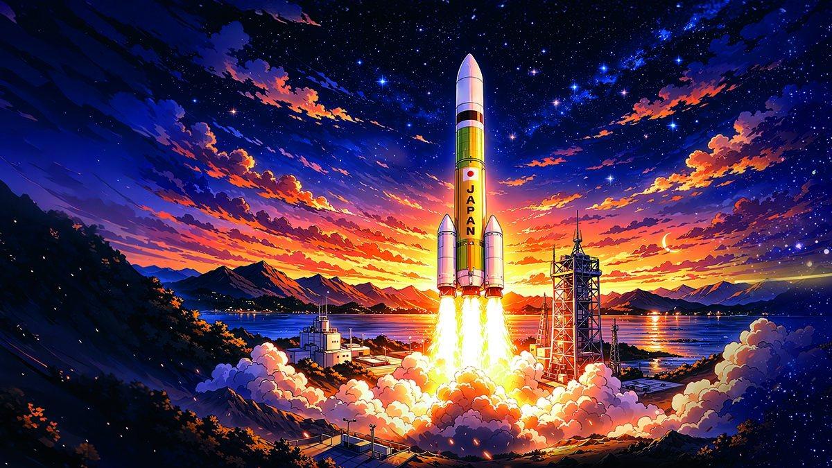 Illustration of the H3 rocket lifting off with Japan's MMX probe bound for the moons of Mars, drawn by Xavier Brysbaert for CNES.