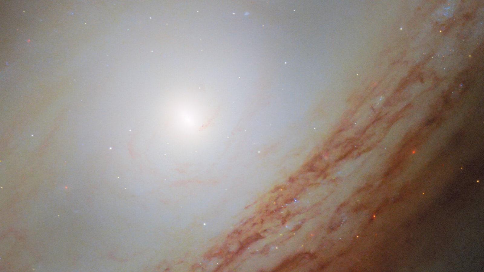 Close view of NGC 4698 from Hubble: the spiral arms and their dust clouds trace a ring around the central bulge without reaching the core.