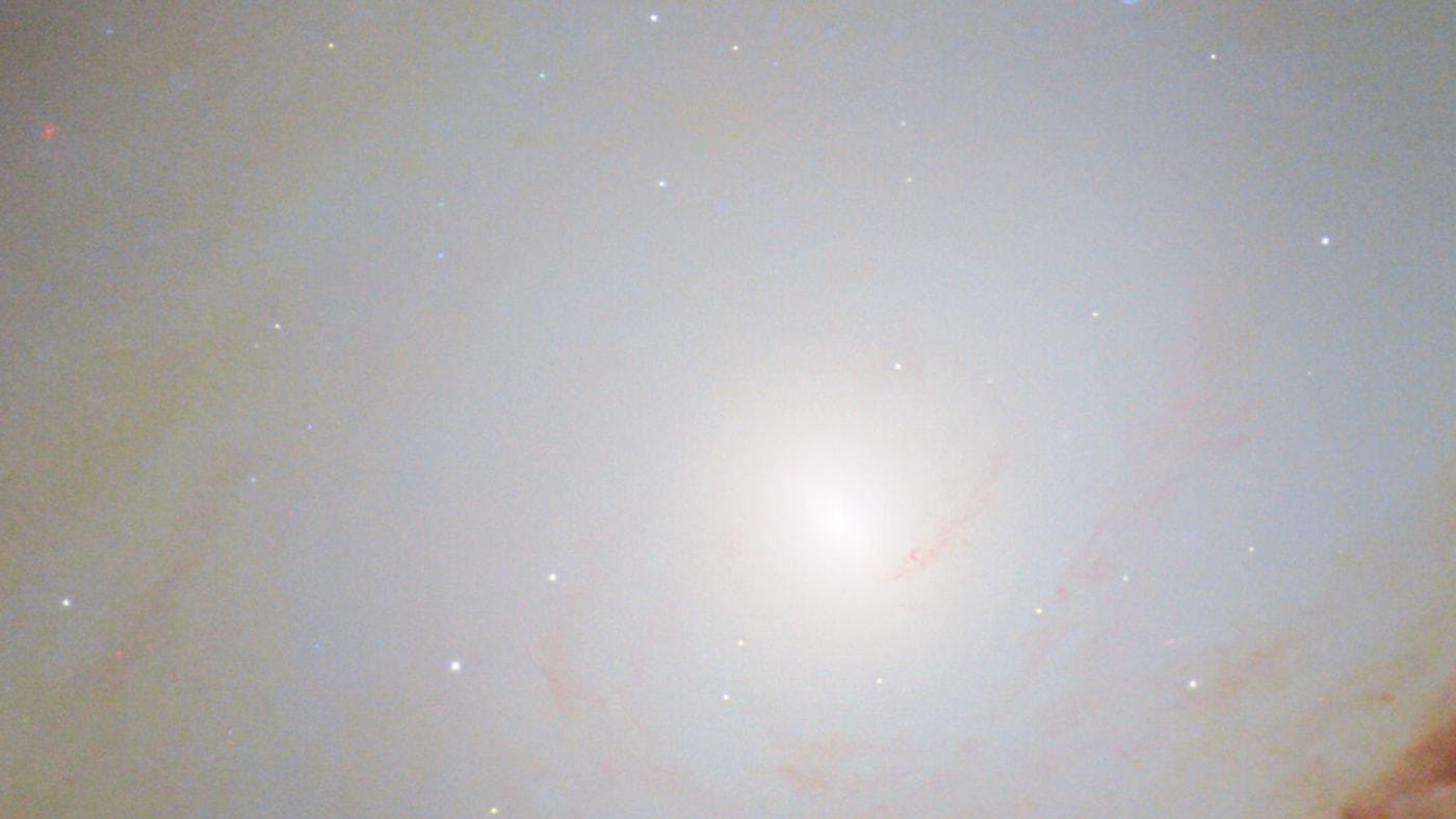 Close-up of the core of NGC 4698 from Hubble: the luminous halo of the bulge extends above and below the thin dust lanes of the disk, which cross it at the center.