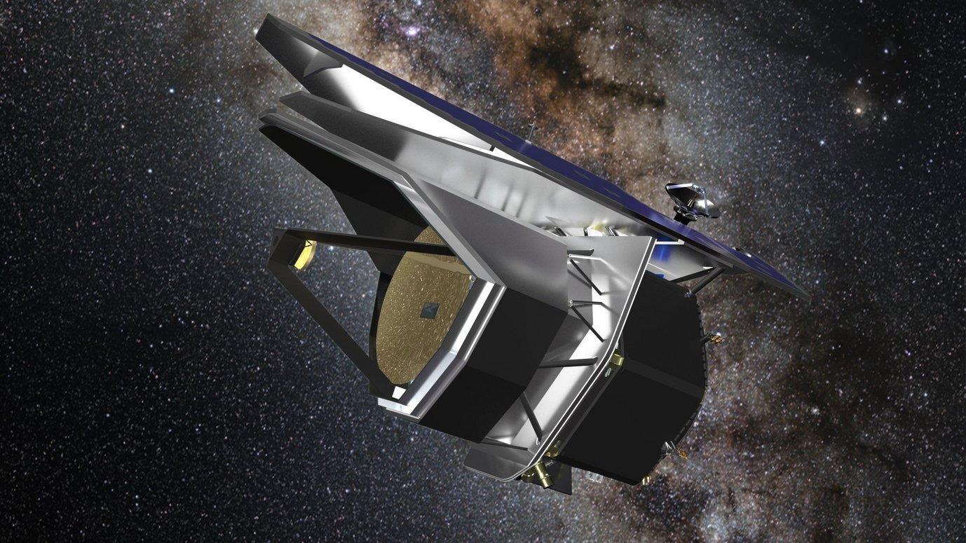 Vue d'artiste du télescope spatial PRIMA : un corps cylindrique argenté prolongé par un large pare-soleil, posé sur un fond d'étoiles et de nuages de la Voie lactée.