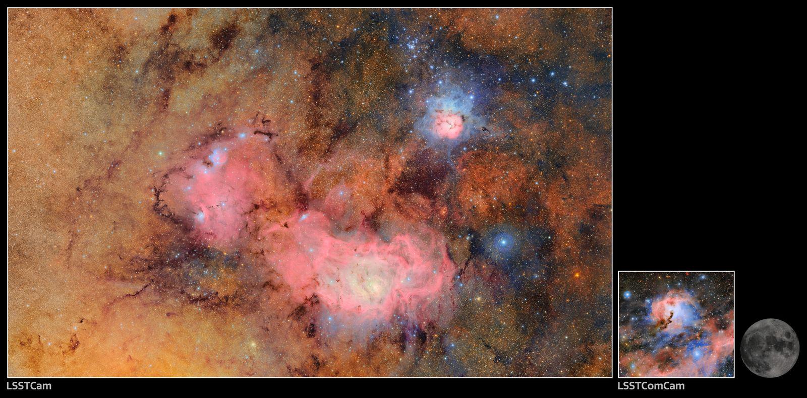 Comparación: las nebulosas Trífida y de la Laguna vistas por la cámara LSST a la izquierda, la Gaviota por ComCam a la derecha, la Luna llena para la escala.