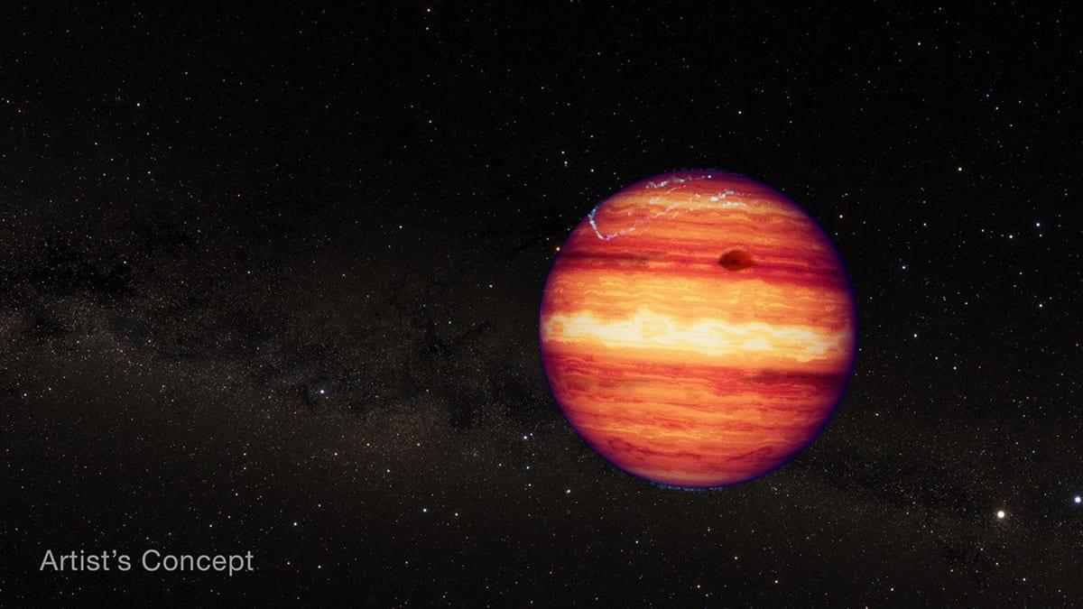 Recreación artística de SIMP 0136: una esfera gaseosa anaranjada recorrida por bandas oscuras de nubes, con un resplandor azulado en los polos.