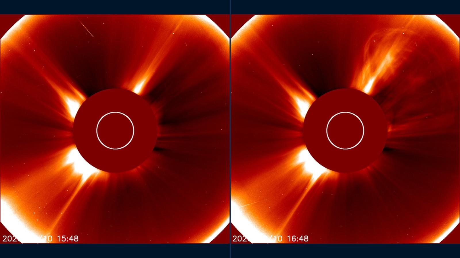 Deux images côte à côte du coronographe LASCO C2, en rouge et blanc, avec un disque sombre au centre qui masque le Soleil. À gauche l'image de 15 h 48 UTC, à droite celle de 16 h 48 UTC, où un panache se déploie en haut à droite.