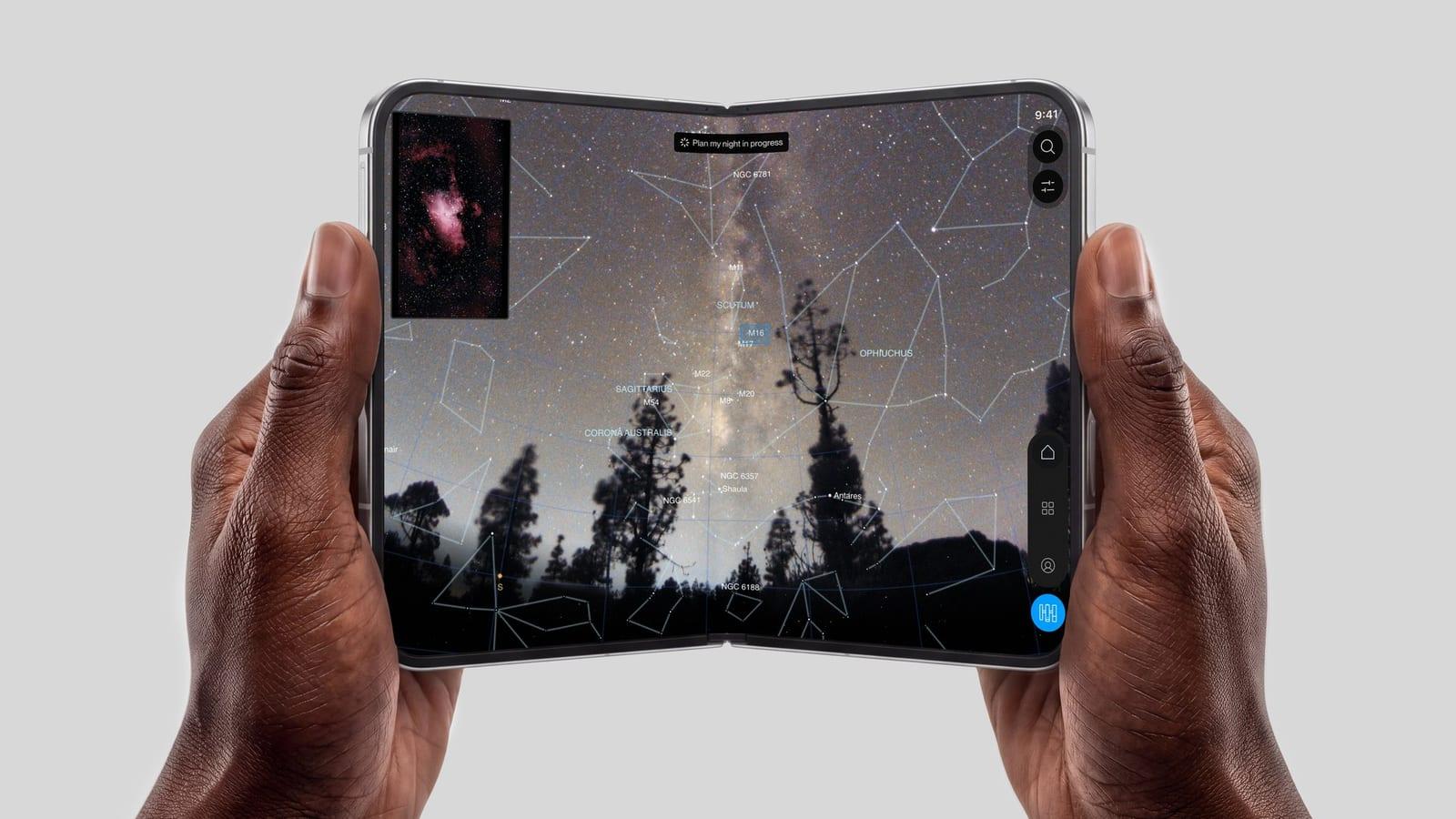 Pantalla de la aplicación Gaia con la vista de 360 grados de todo el cielo y sus constelaciones arriba y, abajo, la imagen en directo del objeto fotografiado.