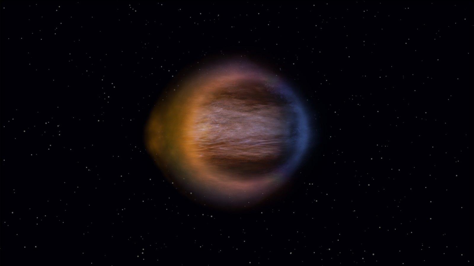 El limbo de WASP-17b de frente: un anillo azul a la izquierda que se estira en un abultamiento rojo anaranjado a la derecha, bajo un creciente iluminado.