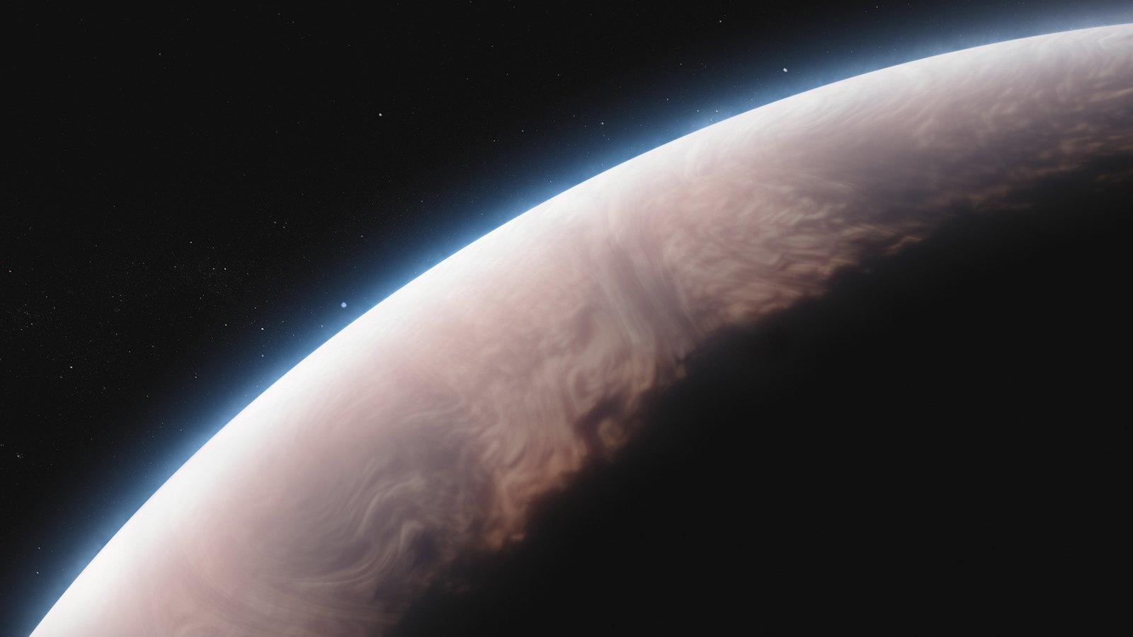 Recreación artística de WASP-17b: una gigante gaseosa naranja muy hinchada, cruzada por bandas de nubes claras, sobre un fondo de estrellas.
